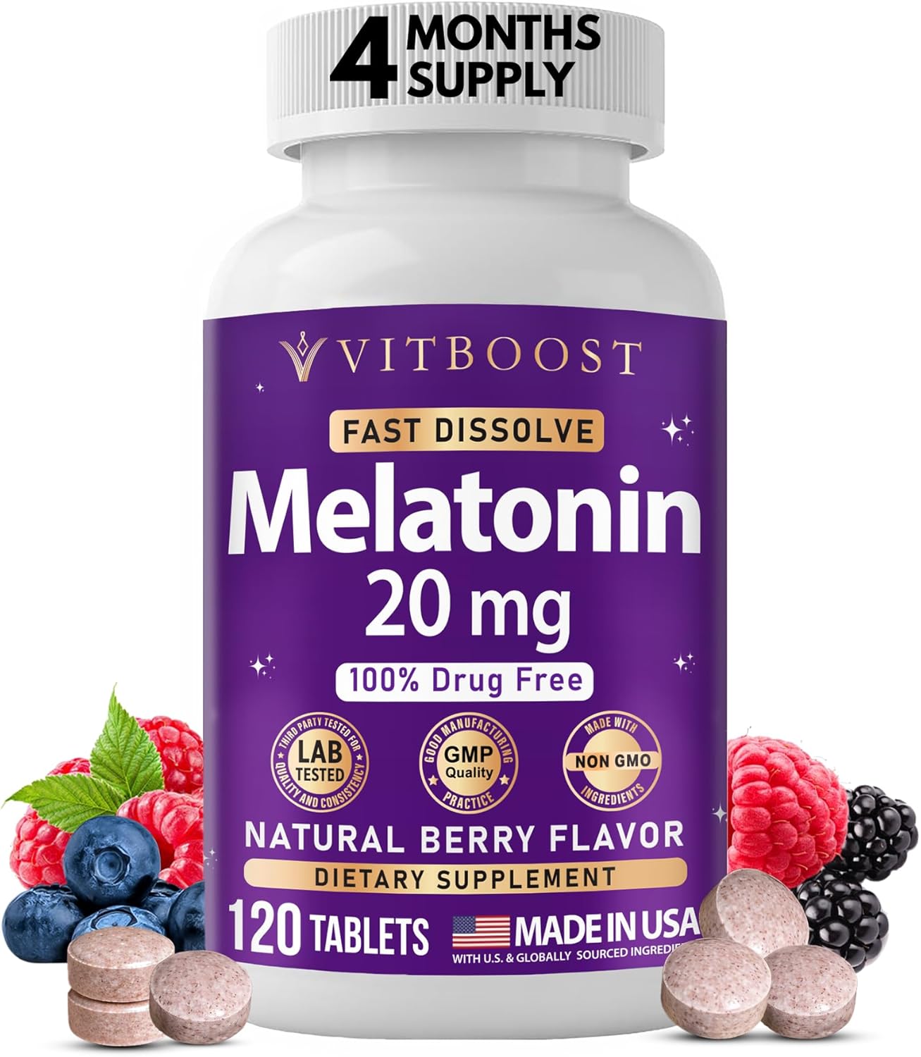 VITBOOST Melatonin 20mg Fast Dissolve Sleep Aid Tablets for Adults – Melatonin Extra Strength, Natural Berry Flavor, 3rd Party Tested, Drug-Free, Non-GMO, Made in USA – 120 Count (4-Month Supply)