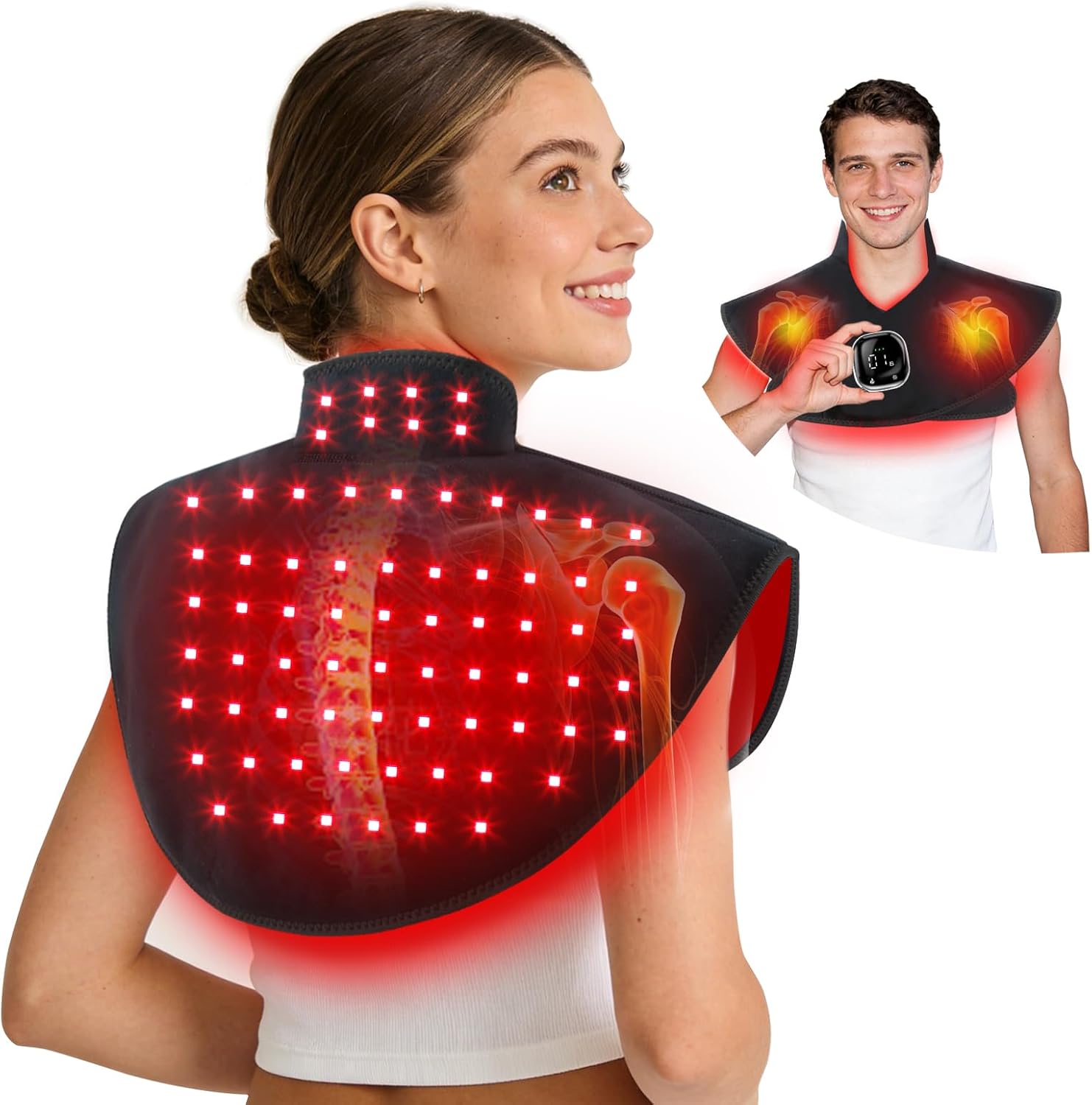 Cordless Red Light Therapy for Neck & Shoulders Pain Relief, 850nm Infra Device for Upper Back Muscle Relax with Timer, Rechargeable 660nm Wearable Heating Pad, for Women Men