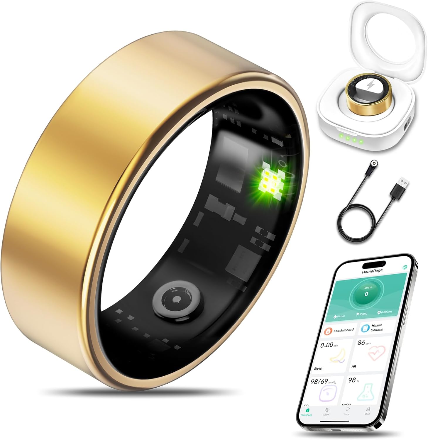 Smart Health Ring Fitness Tracker for Men Women, Sleep, Stress & Activity Monitoring, IP68 Waterproof, Long Lasting Battery, No Subscription Fees, Compatible with iOS & Android, Gold 7