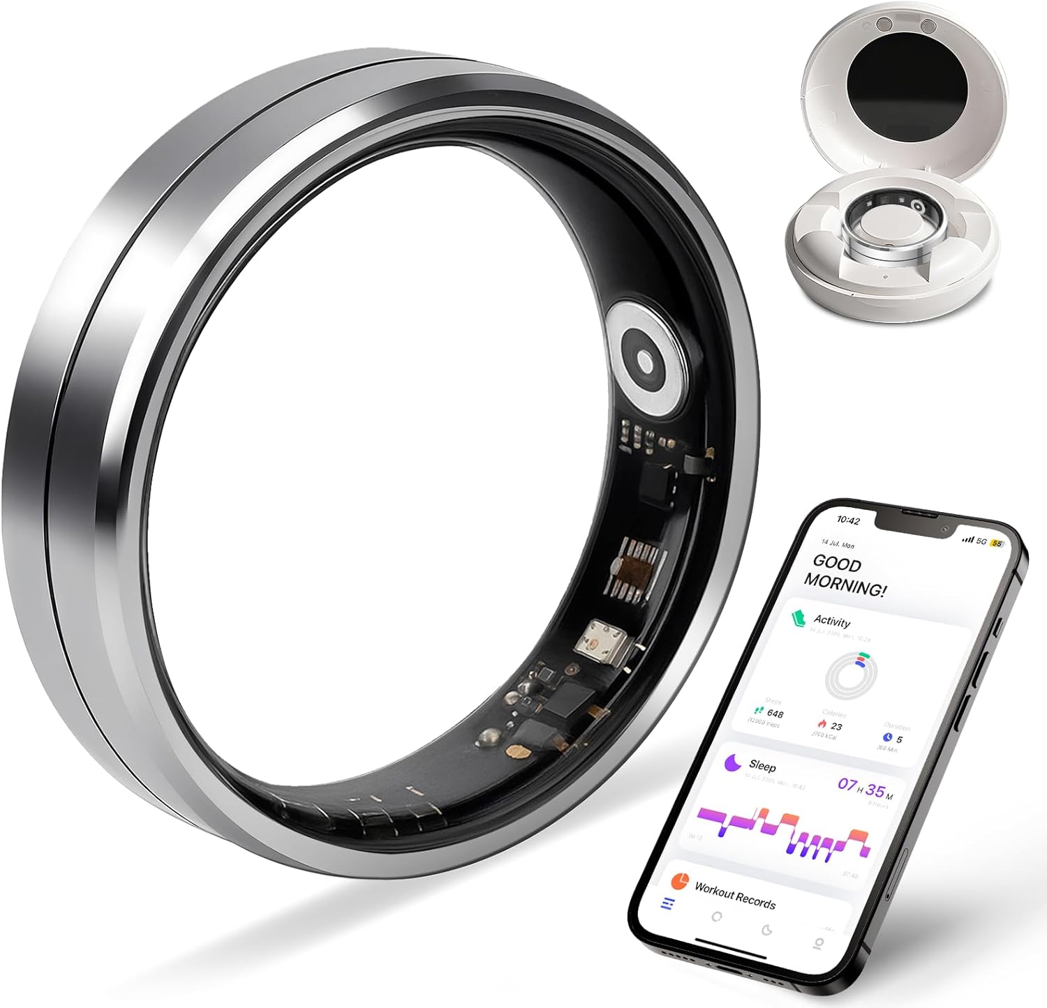 Smart Ring for Women and Men, 5ATM Waterproof Smart Rings Health Tracker with Sleep/Stress/Heart Rate/Activity Monitor, No Subscription, Smart Rings Fitness Tracker for Android iOS, Size 8, Silver