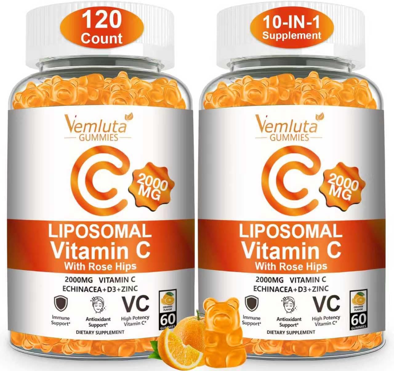 2 Pack Liposomal Vitamin C 2000mg Gummies Complex Rose Hips with D3 5000IU,Elderberry Echinacea,Iron & Zinc for Adults Kids Immune,Antioxidant & Collagen Support,Orange Flavor, 120Count