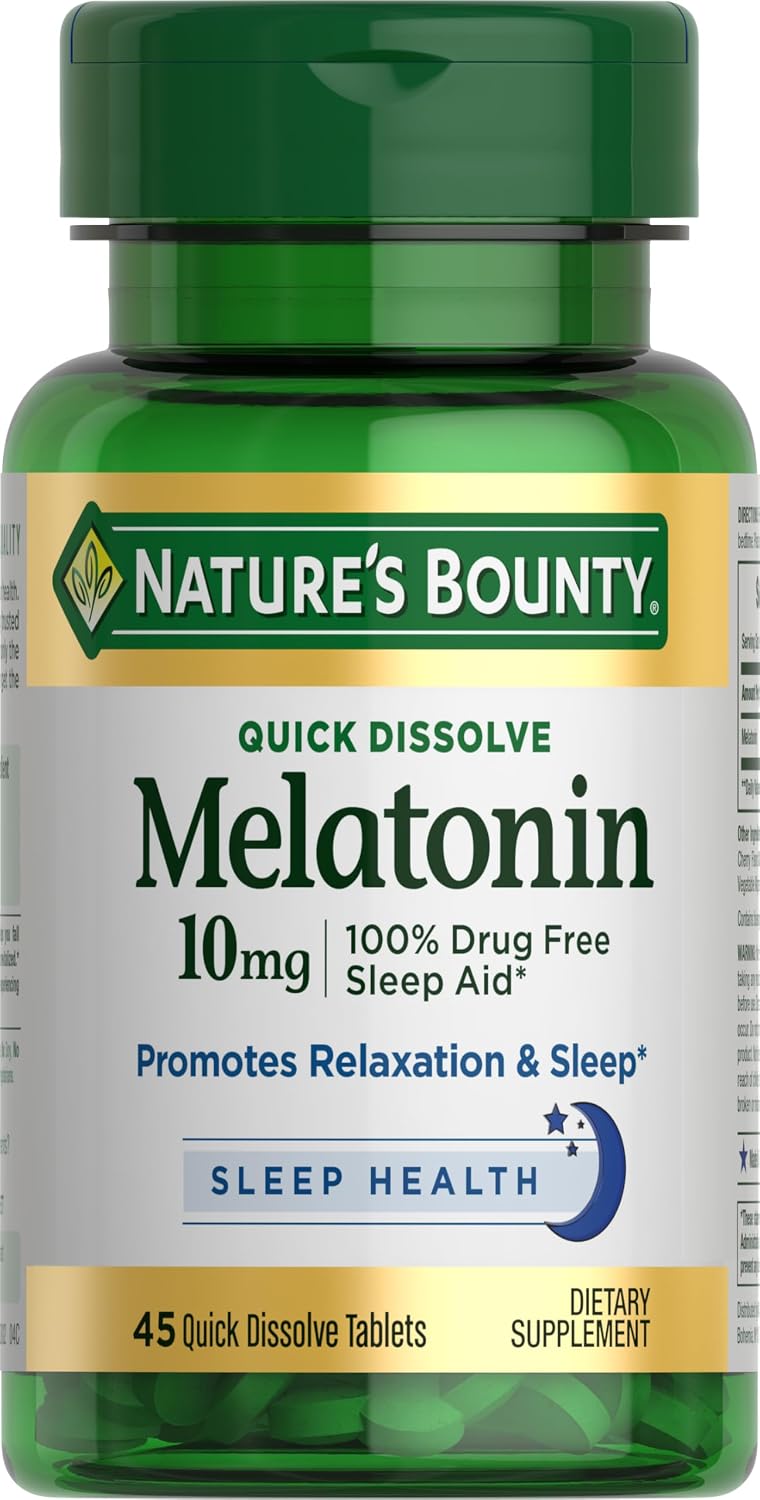Nature’s Bounty Melatonin, 100% Drug Free Sleep Aid, Dietary Supplement, Promotes Relaxation and Sleep Health, 10mg, 45 Quick Dissolve Tablets