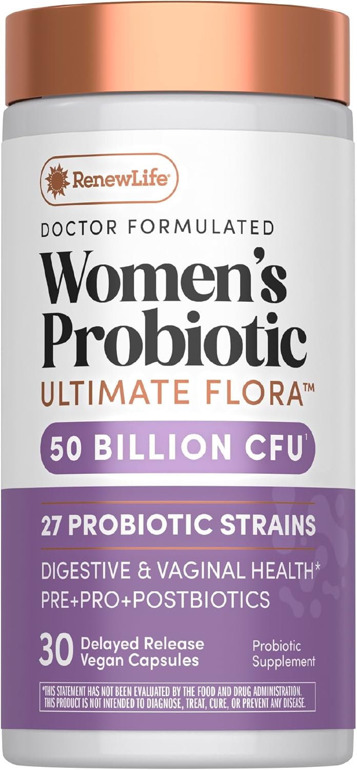 Renew Life Ultimate Flora Probiotics for Women | 50 Billion CFU | 30 Delayed Release Vegan Capsules | Digestive & Vaginal Health | Dairy, Soy and Gluten Free Supplement