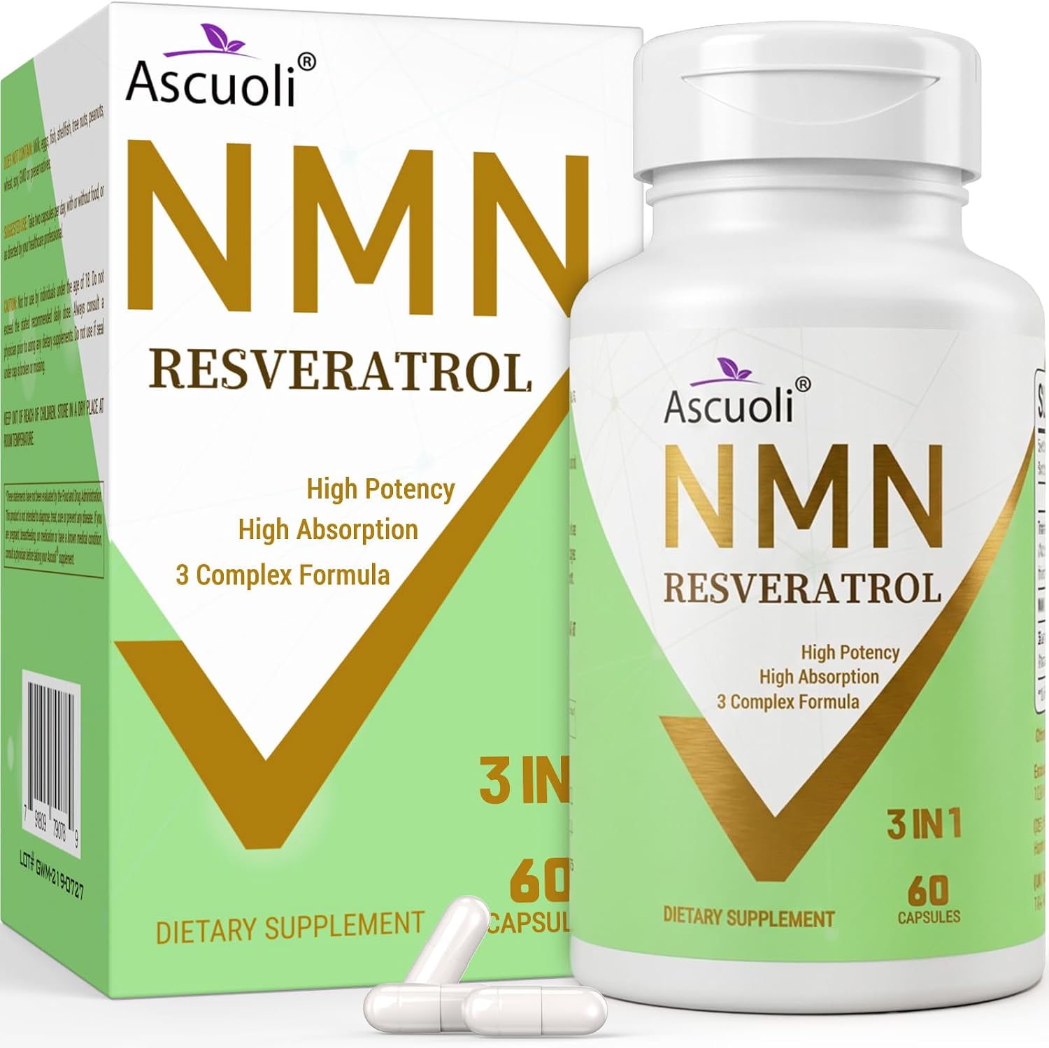 99% Ultra Purity NMN 500mg + Trans-Resveratrol 600mg, 1150mg NMN Resveratrol Supplement, 3-in-1 Advanced Formula for Boost* NAD, Cell, Immune, Energy & Muscle, Healthy Aging, Stabilized Form – 60 Caps