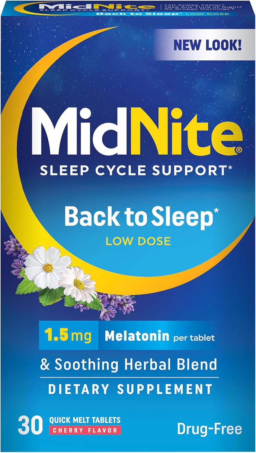MidNite Back to Sleep Low Dose, 1.5 mg Melatonin Sleep Aid, Non-Habit Forming, Herbal Dietary Supplement for Adults, Drug-Free, Gluten-Free & Lactose-Free, Vegetarian, Vegan, 30 Quick Melt Tablets