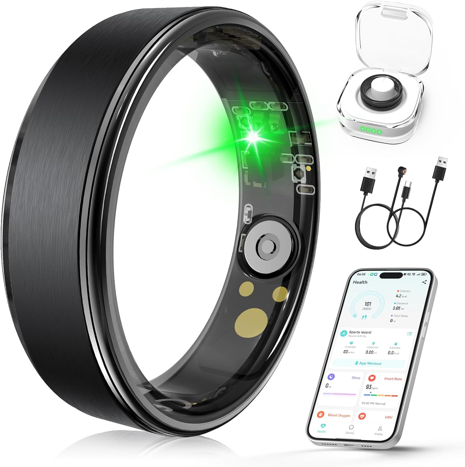 Smart Ring for Women Men, Health Fitness Tracker Ring with Sleep Monitoring/Heart Rate/Blood Oxygen/HRV/Stress/Calorie/Steps, IP68 Waterproof for iOS & Android, No APP Fees(Black, 07#)