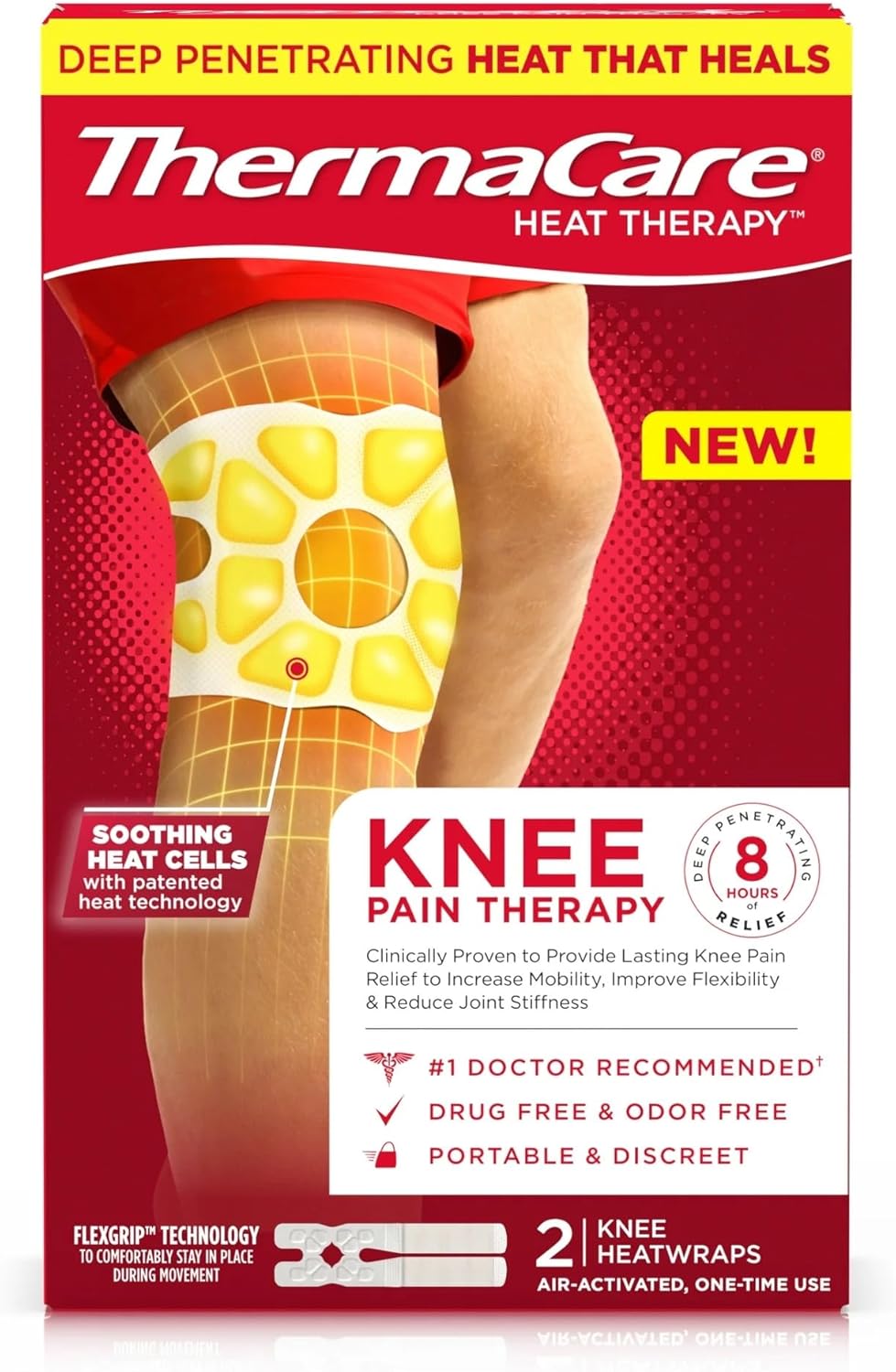 ThermaCare Knee Heat Wraps for Knee Pain Relief – Heating Pads with 8-Hour Heat Therapy – Flexible Heat Wraps for Joint & Muscle Pain, Secure Fit for Daily Comfort & Support for Wear – 2 Count
