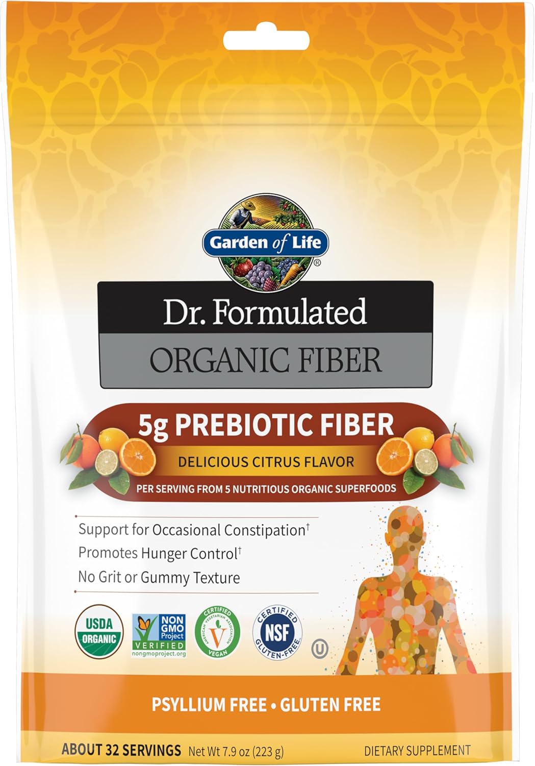 Garden of Life Dr. Formulated Organic Fiber Powder, Citrus Flavor, Prebiotic Superfood Fiber Supplement, Constipation Relief, Psyllium Free, 32 Servings