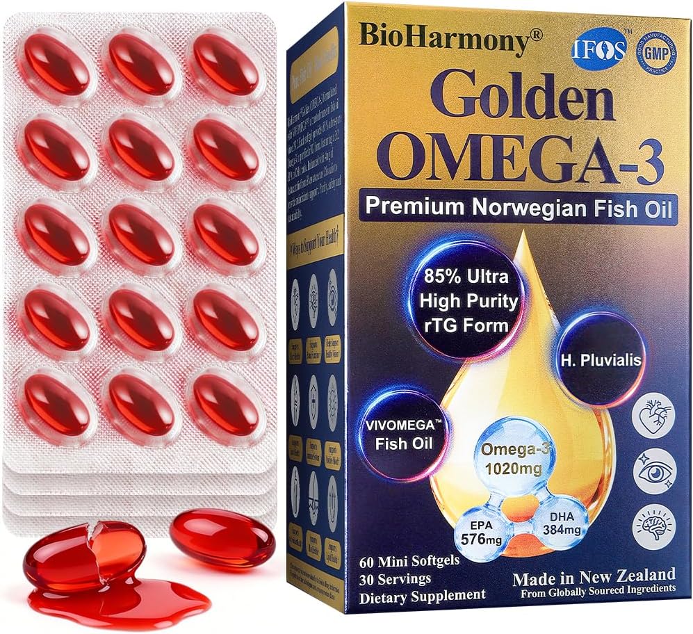 BioHarmony Fish Oil Omega-3 1020mg – 85% rTG High Absorption with EPA 576mg DHA 384mg – IFOS 5 Star Norwegian Fish Oil, Blister Pack, Manufactured in New Zealand, 60 Softgels