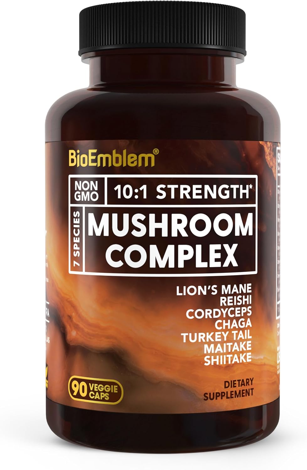 BioEmblem Mushroom Complex – 10:1 Strength and 7 Species – Lions Mane, Reishi, Cordyceps, Chaga, Maitake, Shiitake Mushroom Supplement – Immunity, Energy & Focus, Brain – Non-GMO, Vegan – 90 Caps
