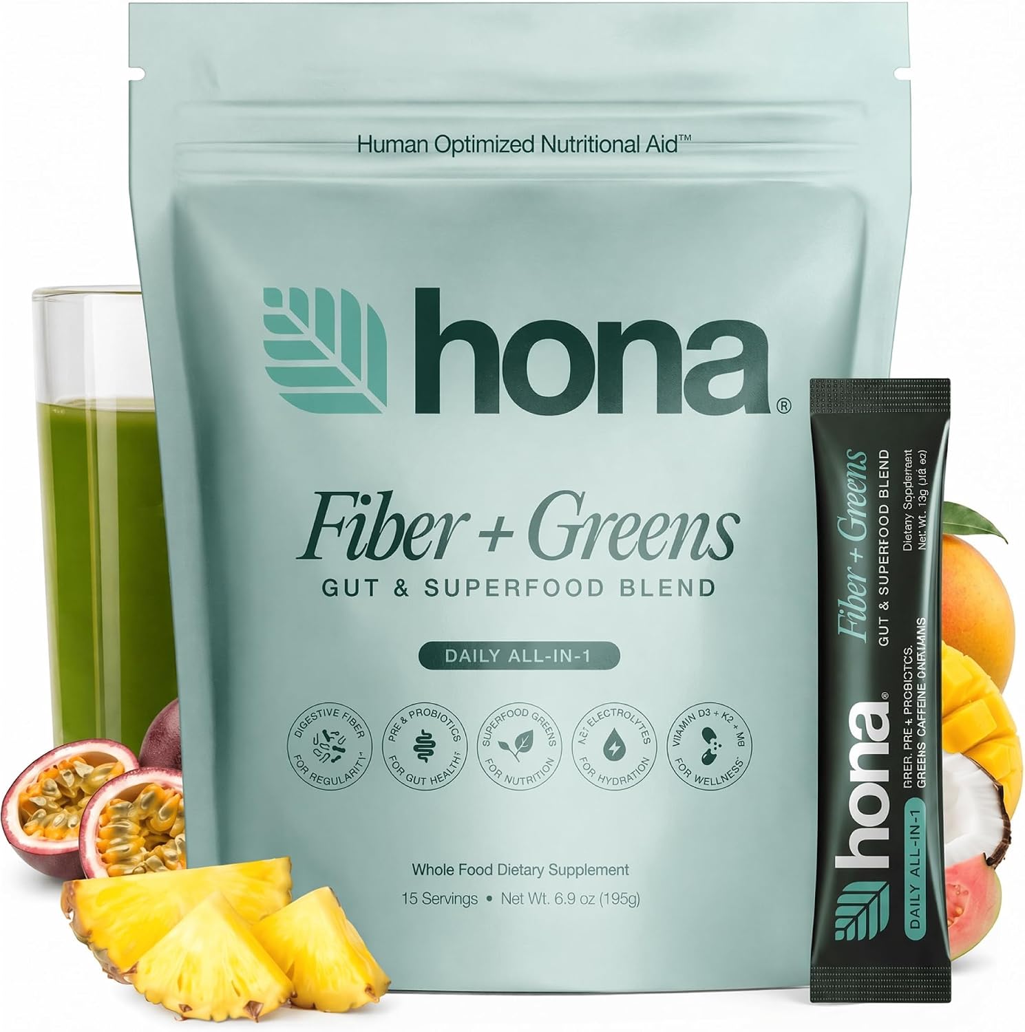 Fiber and Greens Powder – Gut & Superfood Blend, Greens Superfood Powder with 8g Fiber, Prebiotics, Probiotics & Natural Caffeine, Gluten Free, Sugar Free, Vegan, 15 Servings