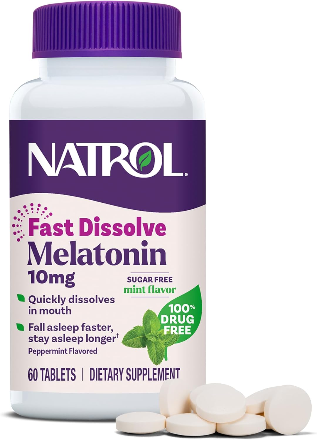 Natrol Melatonin 10mg Fast Dissolve Tablets – Peppermint Flavor, 60 Count, Sleep Support, Fast Dissolve Melatonin for Adults, 60-Day Supply