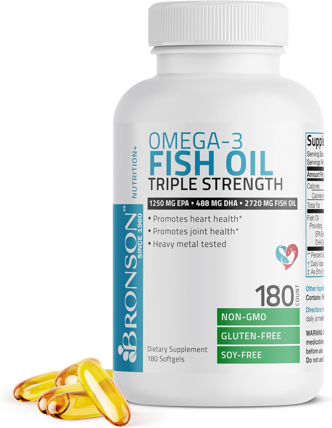 Bronson Omega 3 Fish Oil Triple Strength 2720 mg, High EPA 1250 mg DHA 488 mg, Non-GMO Heavy Metal Tested, 180 Softgels