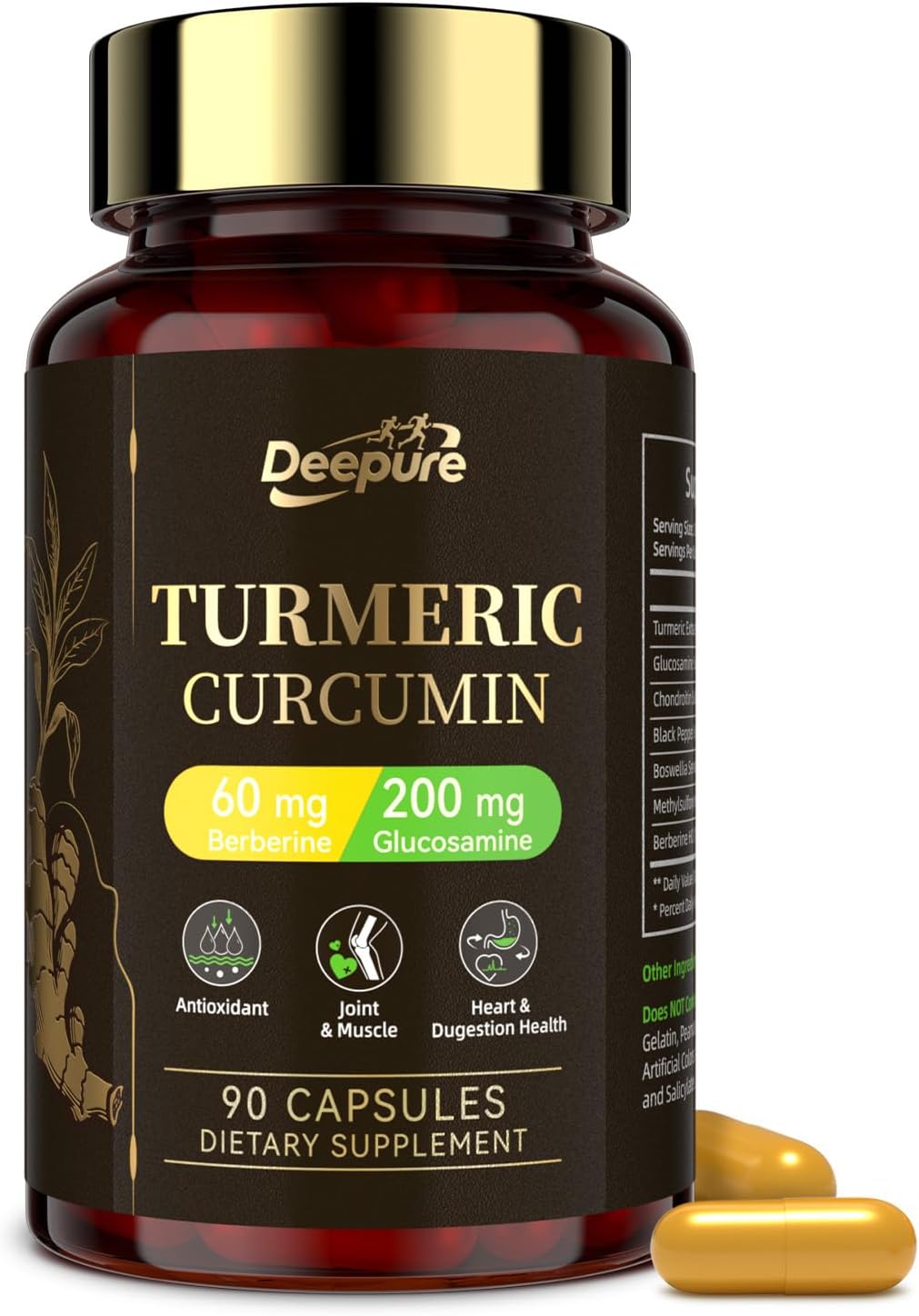 Turmeric Curcumin Supplement with Black Pepper, 95% Curcuminoids, Glucosamine, Chondroitin, Boswellia, MSM & Berberine, Turmeric with Black Pepper Capsules for Joint Comfort, 90 Count