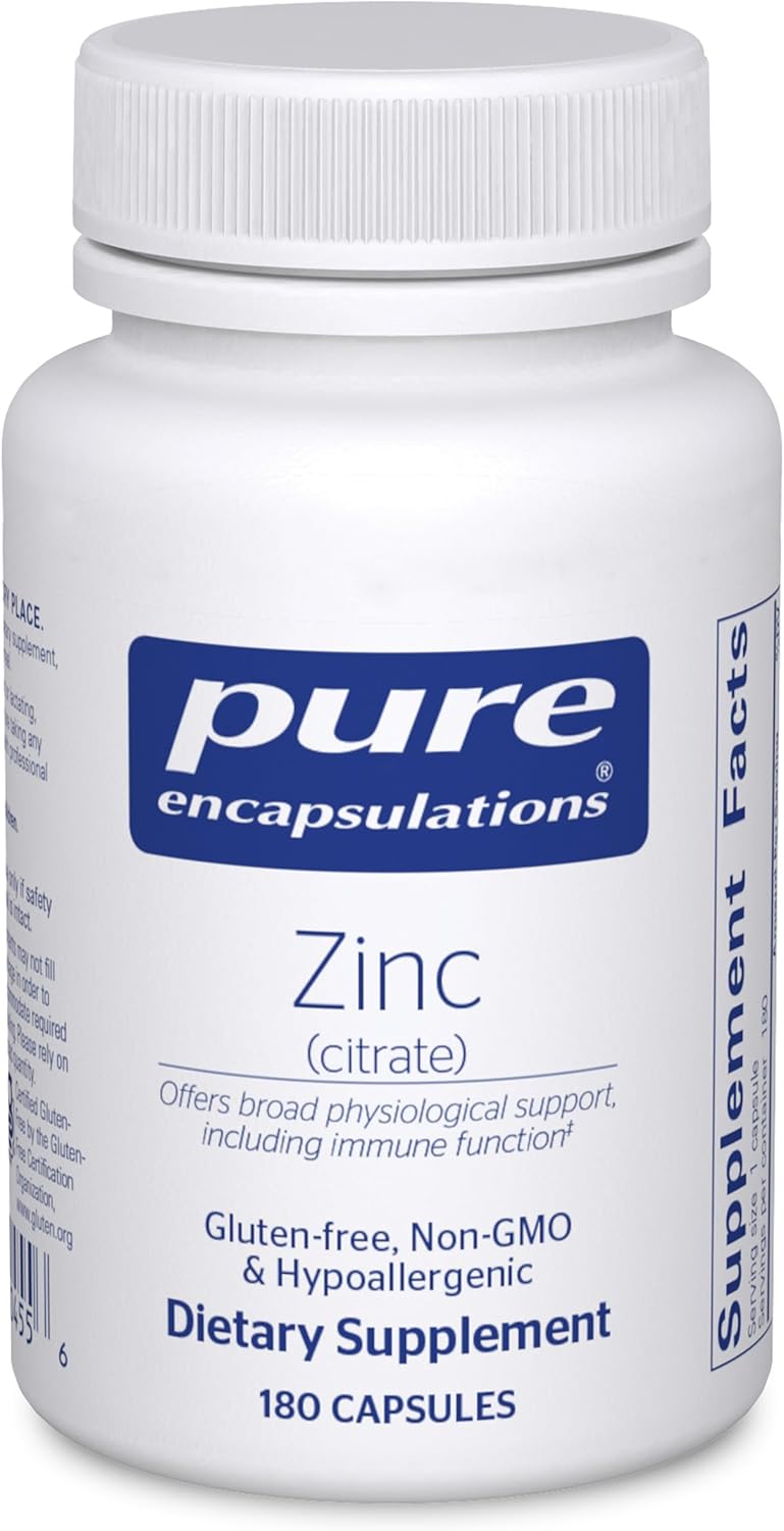 Pure Encapsulations Zinc (Citrate) – for Immune System, Tissue Development & Metabolism* – Mineral Supplement with Enzymes – Highly Absorbable Zinc – Vegan & Non-GMO – 180 Capsules