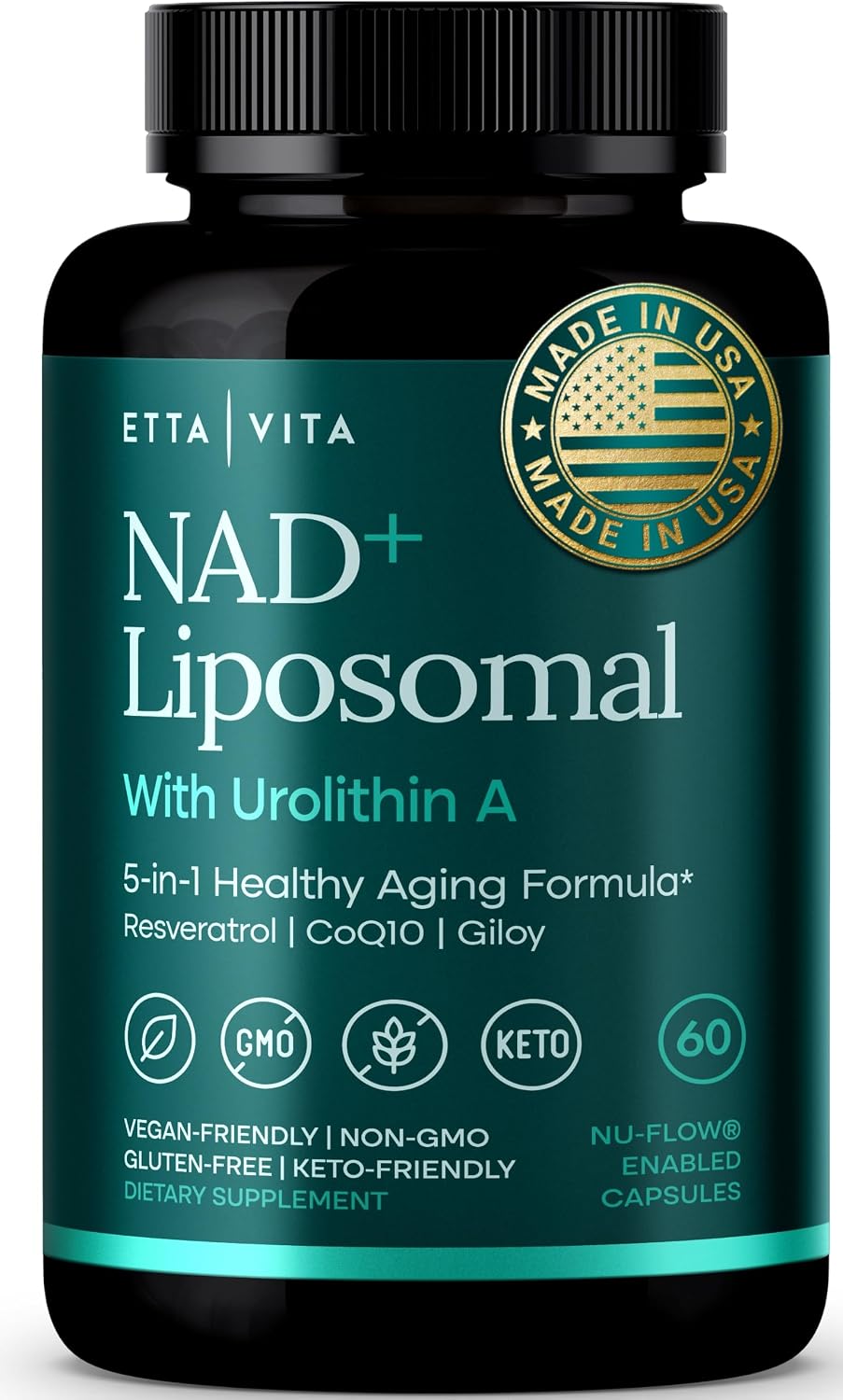 Liposomal NAD+ Supplement – Resveratrol, Muira Puama, Urolithin A, CoQ10 & Giloy (Made in USA) NAD Supplement for Natural Energy, Brain Fog, Digestion, Detox, Gut Health, Microbiome