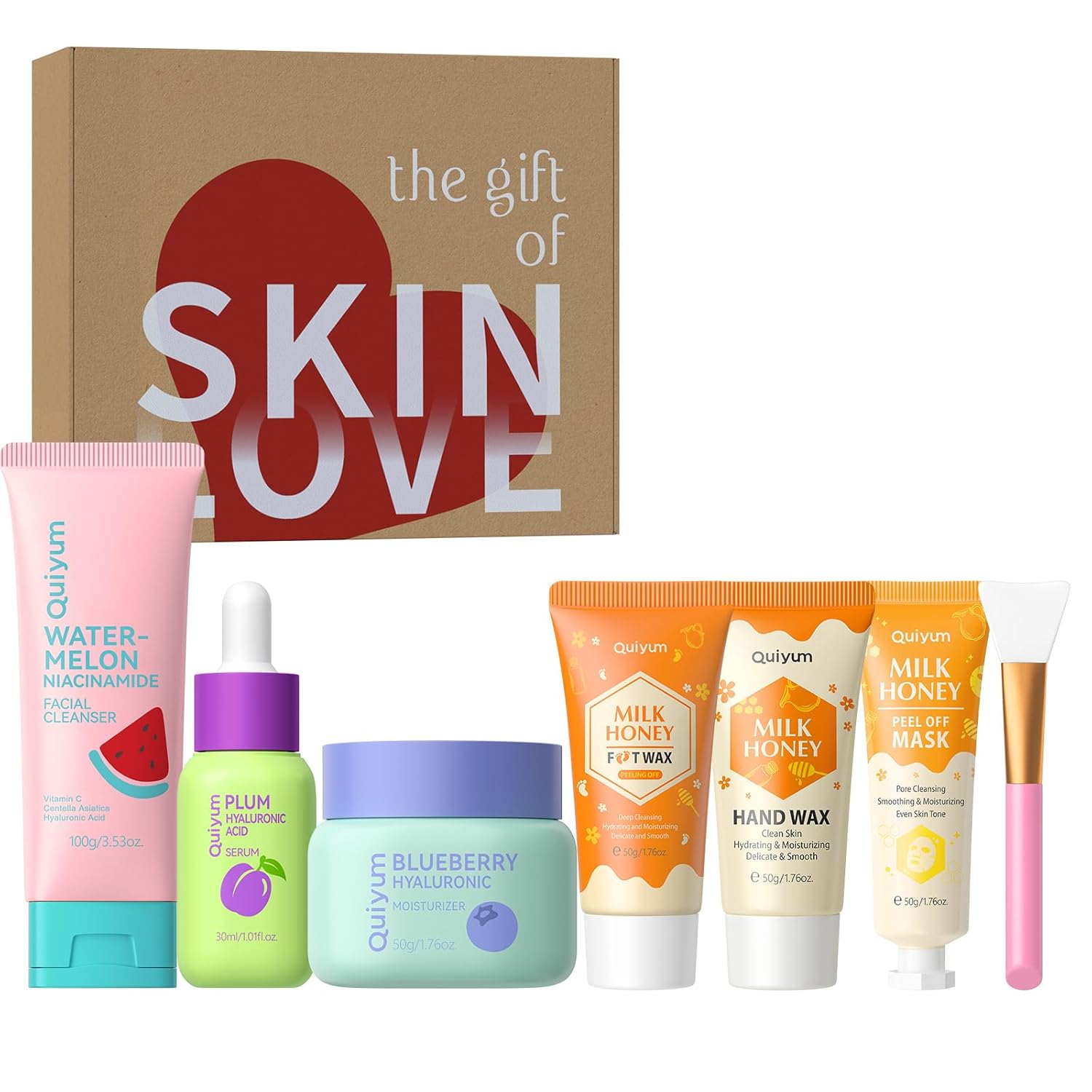 QUIYUM 6PCS Skincare – Skin Care Sets with Watermelon Cleanser, Plum Serum, Blueberry Moisturizer, Milk Honey Peel-Off Mask, Hand Wax, Foot Wax, Hydrating Cleansing Repairing, Ideal Gifts Sets