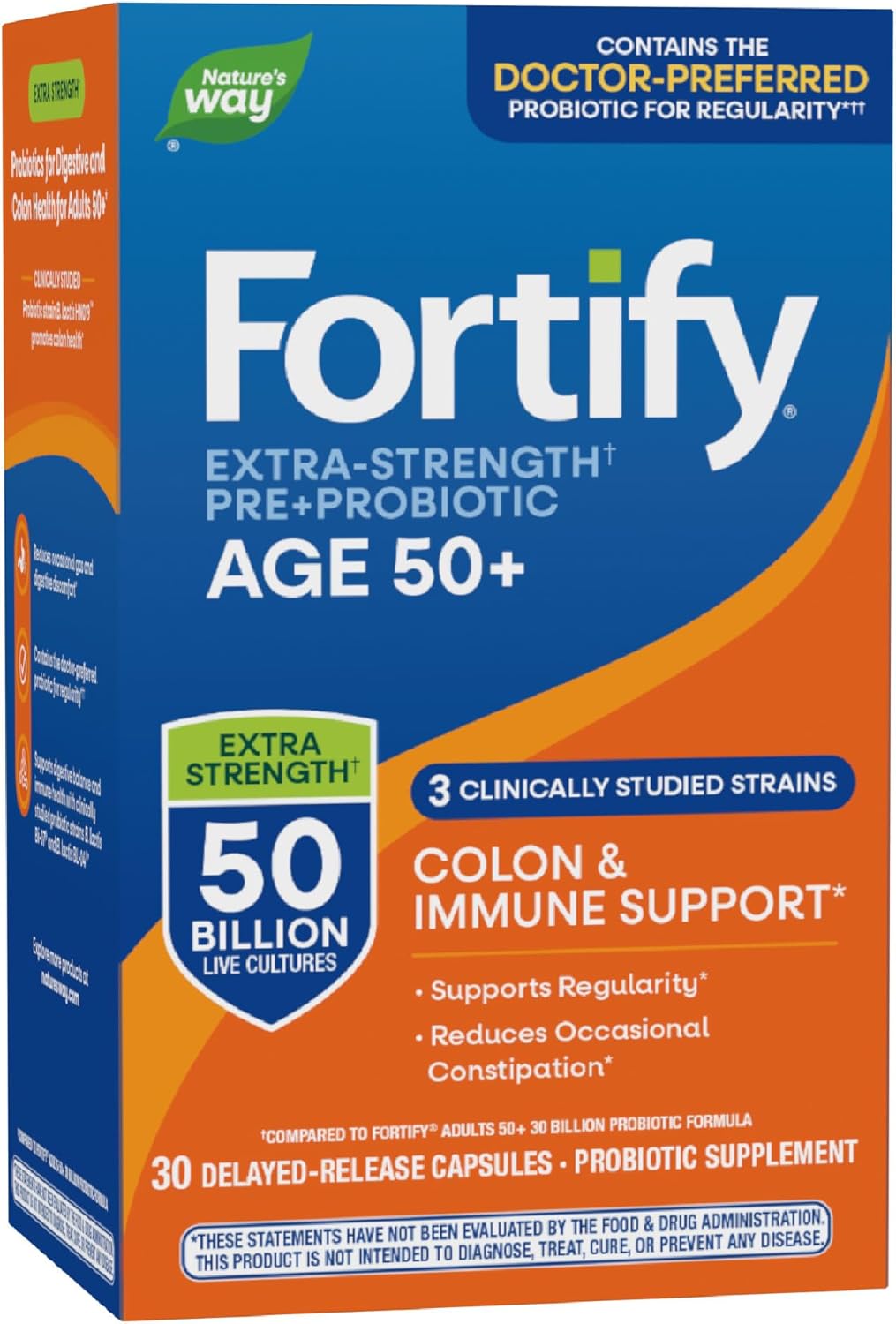 Nature’s Way Fortify Extra Strength(1) Probiotic Adults 50+, 50 Billion Live Cultures, Prebiotics, Probiotics for Digestive Health*, Immune Support*, Colon Health*, 30 Capsules