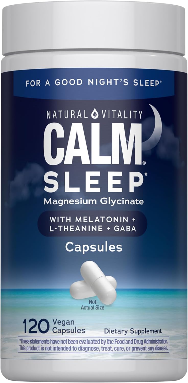Natural Vitality Calm Sleep Capsules | Magnesium with Melatonin, L-Theanine & GABA Supplement | for a Good Night’s Sleep | Non-GMO, Gluten Free & Vegan | 120 Count