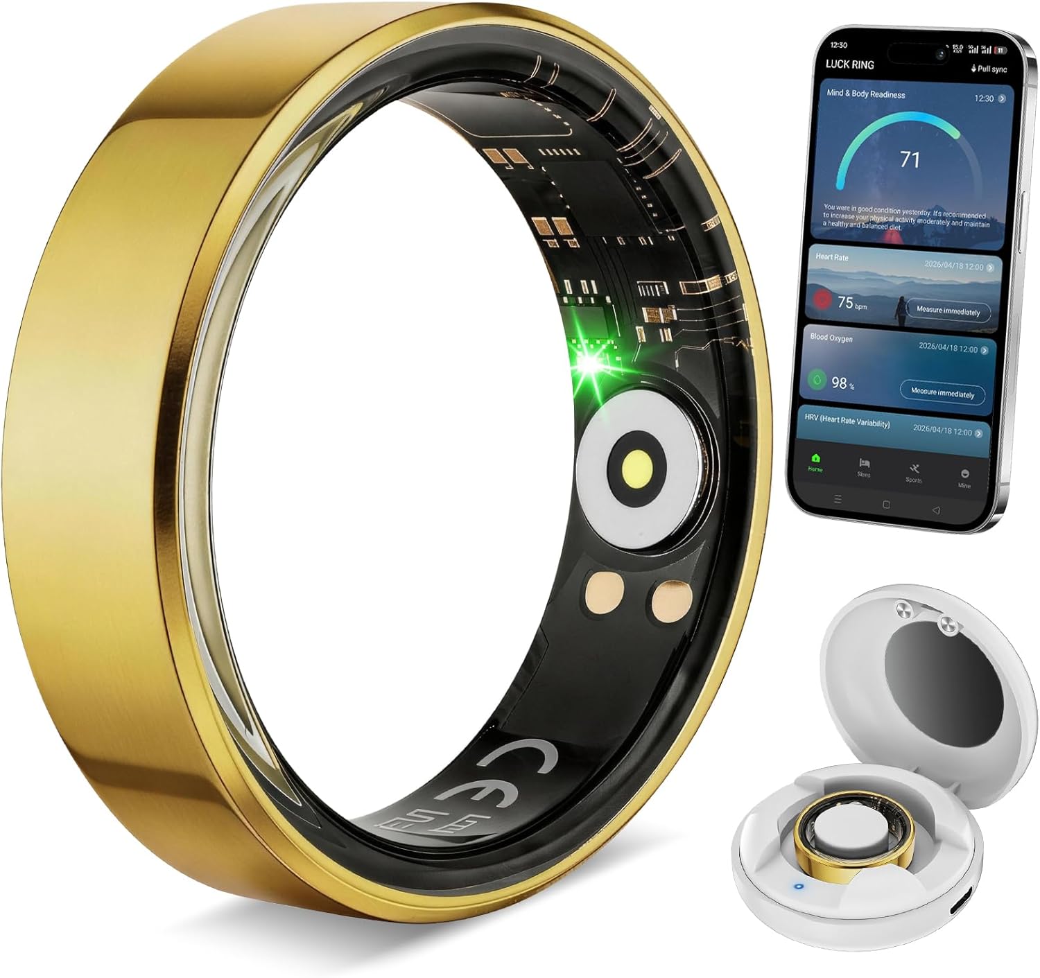 Smart Fitness Ring for Men and Women – Lightweight & Barely‑There Feel, Track Heart Rate, Stress, Sleep, Steps & SpO2, Ultra‑Slim 6mm,10ATM Waterproof, No Subscription Fee, Gold 7