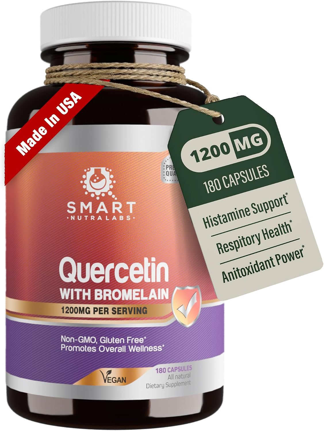 Smart Nutra Labs Quercetin with Bromelain- 180 Count, 1200mg Serving- Supports Immune Health & Energy- Vegan Friendly, Non-GMO, Gluten Free Capsules