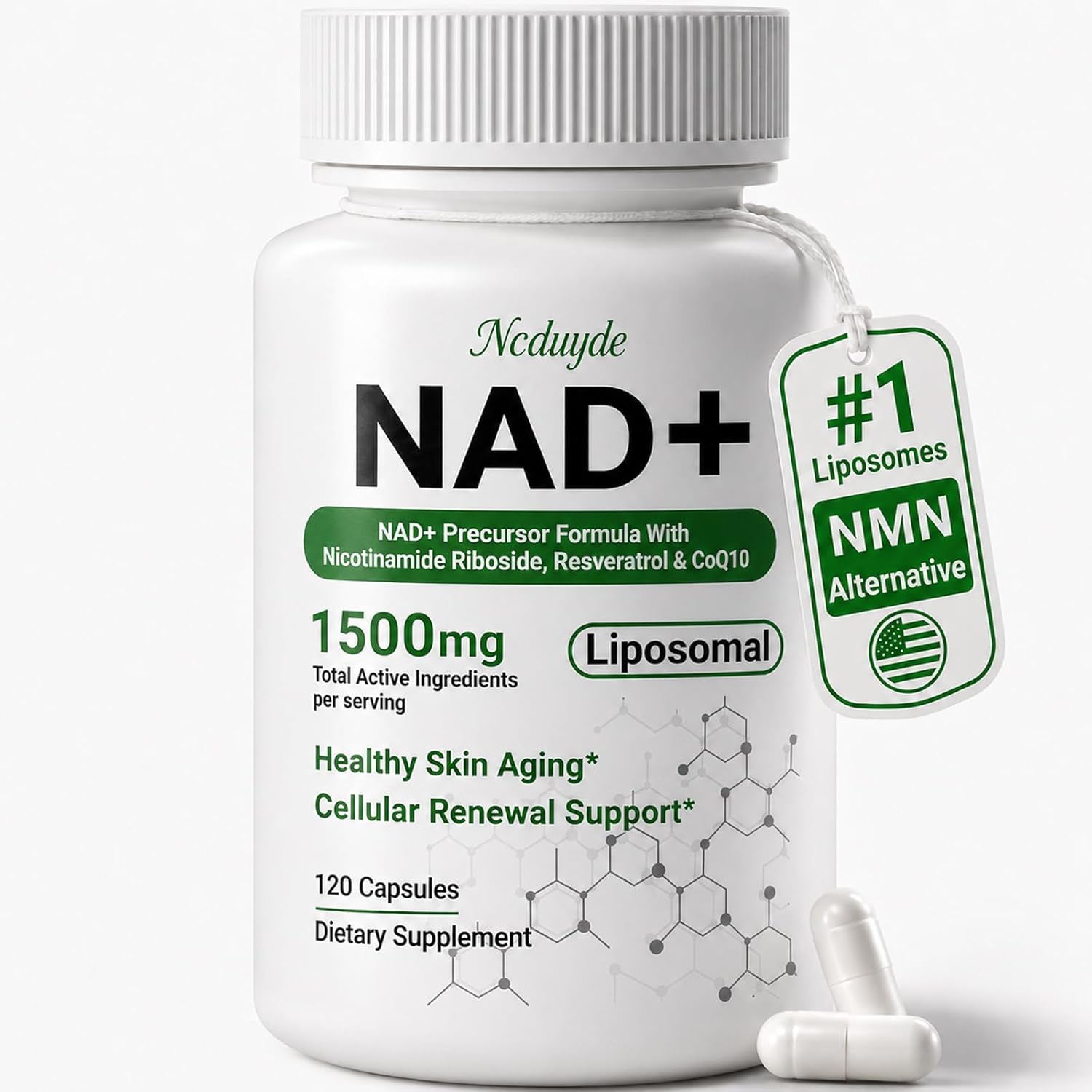 Ncduyde NAD+ Supplement, Liposomal NAD Nicotinamide Riboside Resveratrol 1500 mg – Anti-Aging & Brain Health, Improve Energy – Specifically for Women and Men, 120 Capsules
