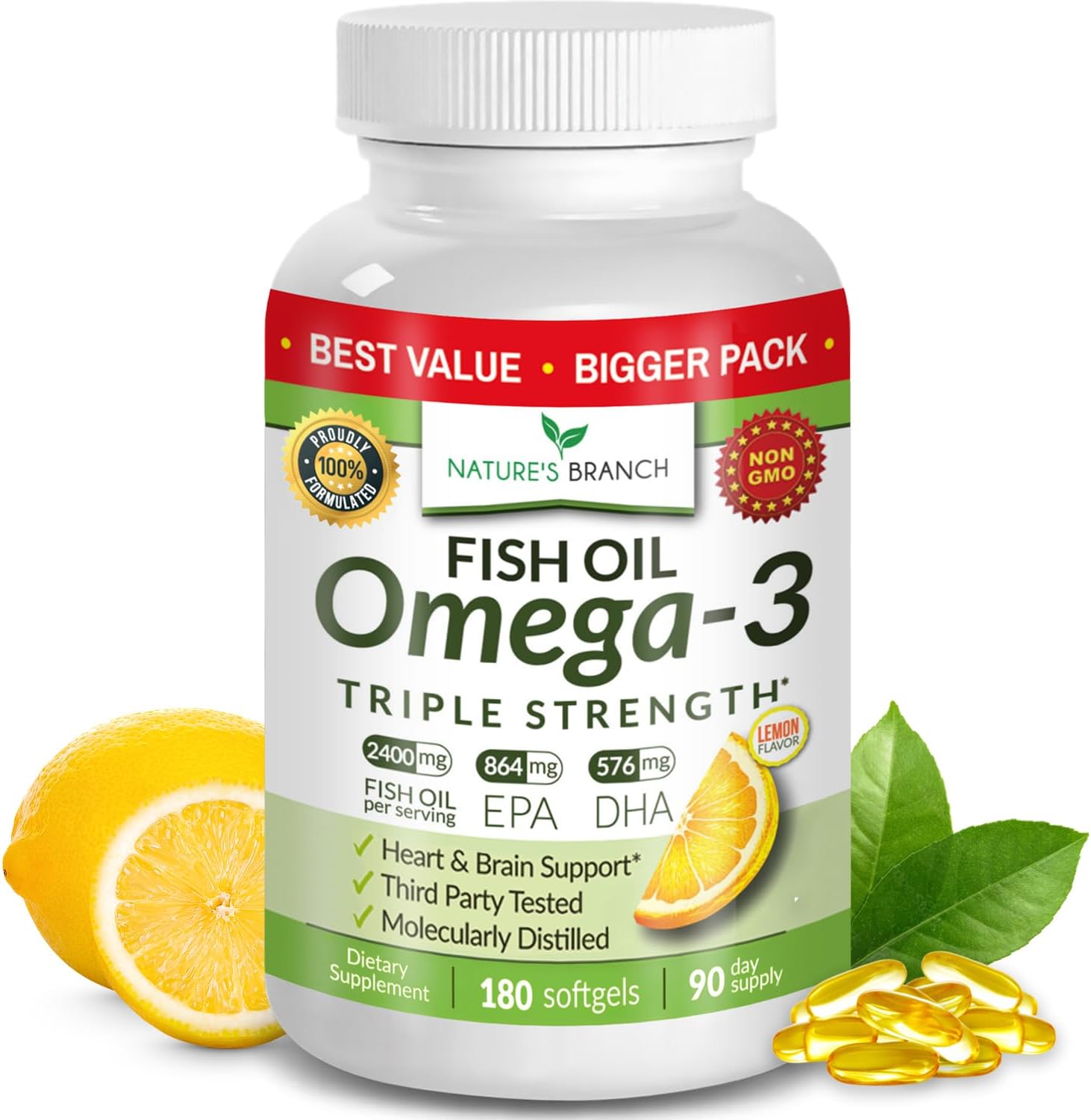 Triple Strength Omega 3 Fish Oil for Heart, Brain & Eye Health – EPA & DHA Fish Oil for Men & Women, Burpless Lemon Flavor, Third Party Tested, Non-GMO Omega 3 Supplements for Adults – 180 Capsules