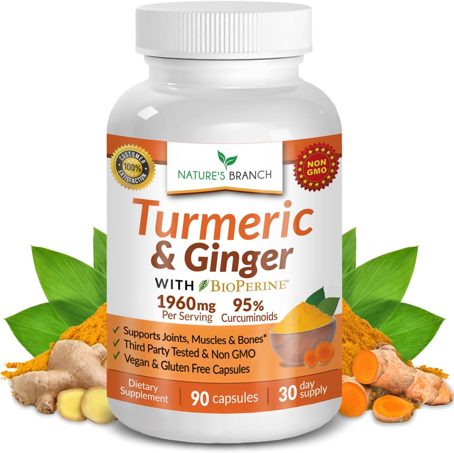 Turmeric and Ginger Supplement for Joint Support & Muscle Comfort – Organic Turmeric Curcumin with BioPerine Black Pepper Extract for Men & Women, 95% Curcuminoids, 1960mg Vegan Non GMO – 90 Capsules