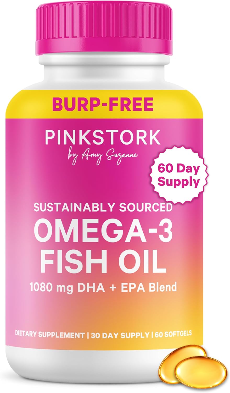 Pink Stork Omega 3 Fish Oil Supplements for Women with DHA and EPA – High Potency Burpless Omega-3 Supplement for Cognitive Health – 60 Softgels