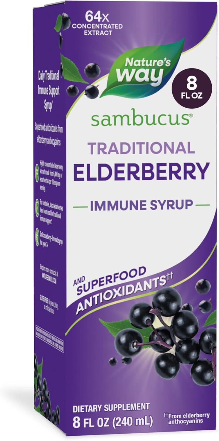 Nature’s Way Sambucus Elderberry Traditional Immune Syrup, Highly Concentrated Black Elderberry Extract, Traditional Immune Support*, Delicious Berry Flavored, 8 Fl Oz (Packaging May Vary)