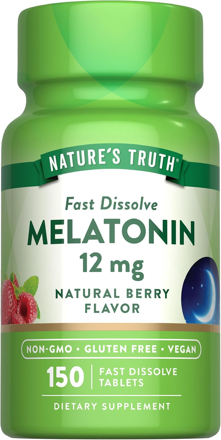 Nature’s Truth Melatonin 12 mg | 150 Tablets | Quick Dissolve | Natural Berry Flavor | Vegan, Non-GMO & Gluten Free Supplement for Adults