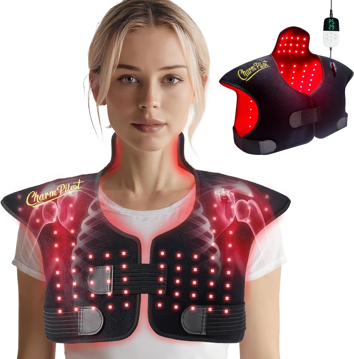 Red Light Therapy for Shoulder & Neck, 165LEDs 3-in-1 Chip, Wearable Pain Relief Pad, Infrared Light Therapy Warp for Upper Back, 660nm&850nm, Power Adjustable (Black)