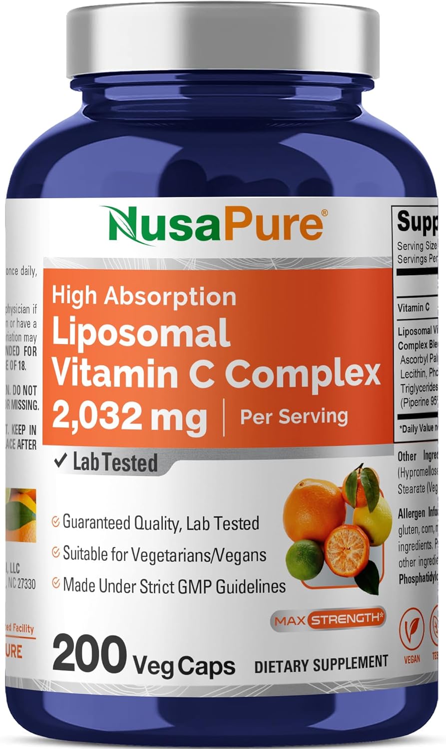 NusaPure Liposomal Vitamin C 2032mg – 200 Veggie Vegan Capsules, BioPerine – High Absorption Ascorbic Acid