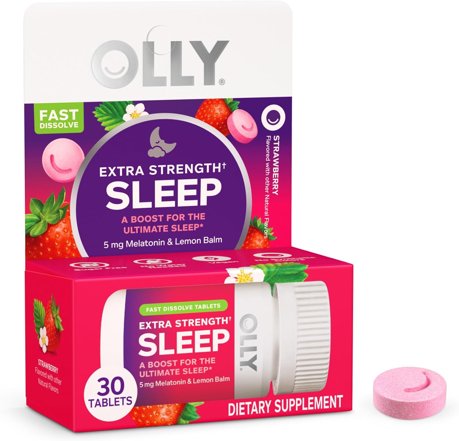 OLLY Extra Strength Sleep Fast Dissolve Tablets, 5mg Melatonin, Vegan, Strawberry – 30ct