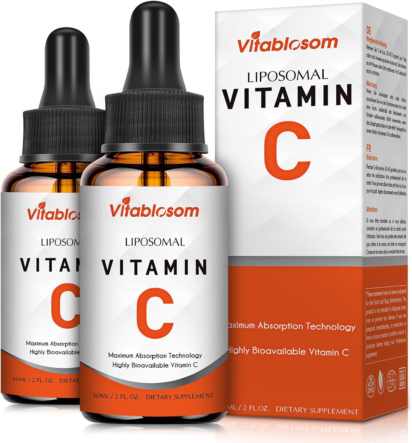 Vitablosom Liposomal Vitamin C 2000mg Liquid for Adults, High Absorption VIT C, Maximize Vitamin C, Immune System & Antioxidant Support, 60ML (2 Bottle)
