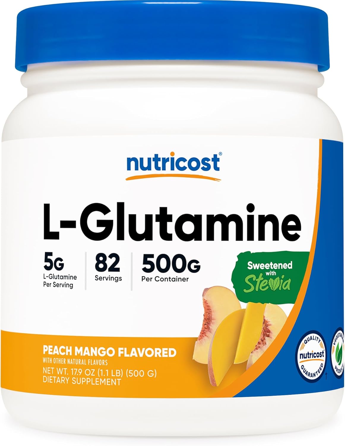 Nutricost L-Glutamine Powder Sweetened with Stevia (500 Grams, Peach Mango) – Supplement for Gut Support, 5 Grams of L-Glutamine Per Serving – Gluten Free, Non-GMO