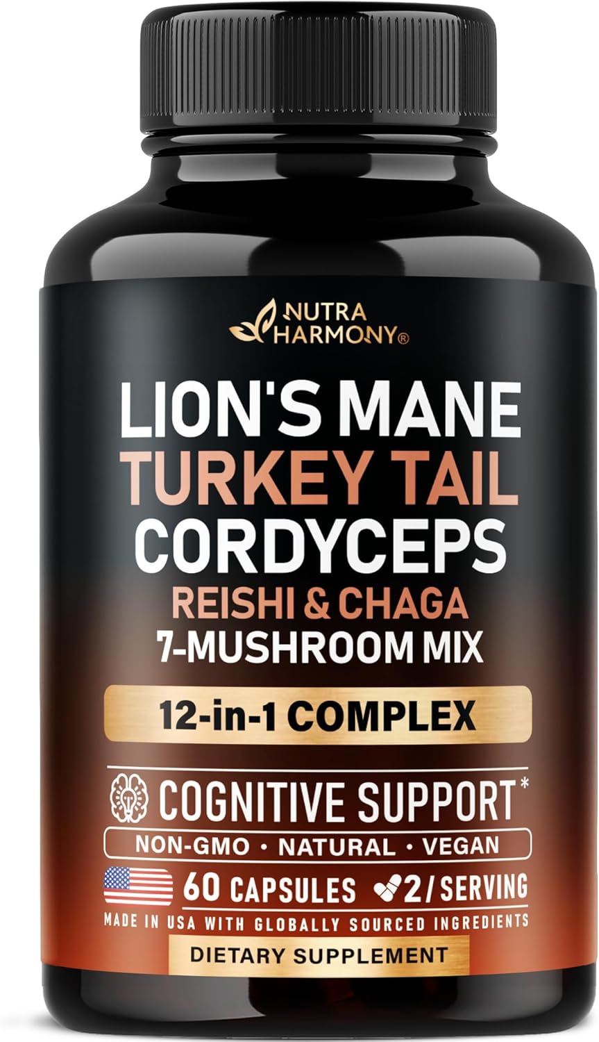 Mushroom Supplement – Organic Lions Mane | Turkey Tail | Chaga | Cordyceps | Reishi | Maitake | Shiitake | Meshima | Tremella | Oyster | Agaricus – for Women & Men – Non GMO, Gluten Free – 60 Capsules