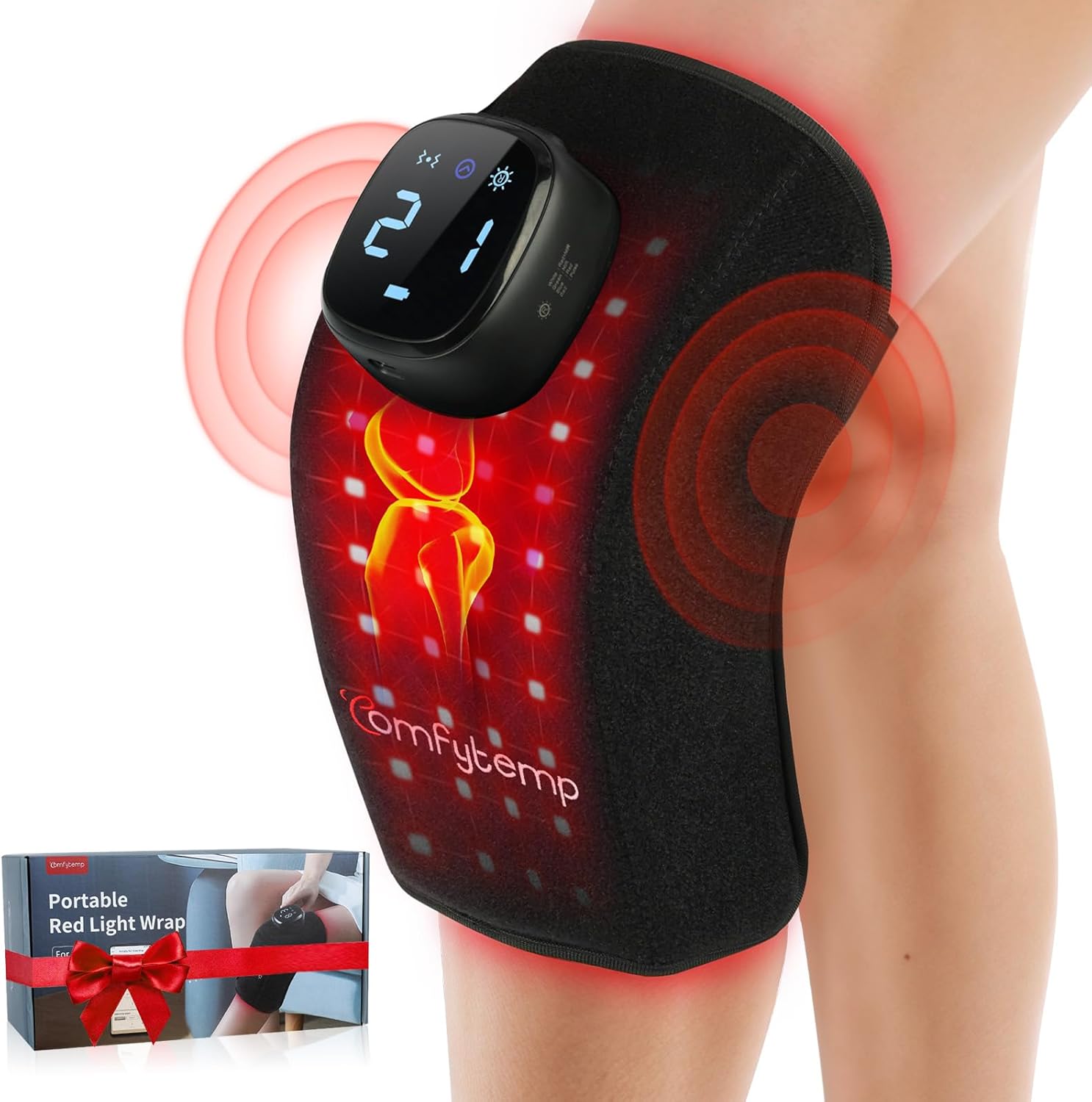 Comfytemp 3D Red Light Therapy Knee Wrap with Vibration Massage, FSA Eligible HSA Cordless 5000mAh Knee Massager, Near Infrared Light Brace for Knee, 660nm & 850nm