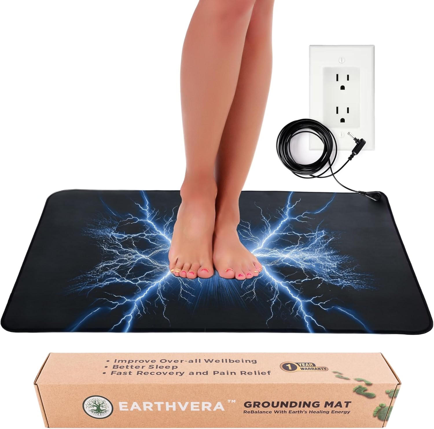 Grounding Mat for Feet & Desk – Better Sleep, Pain Relief & EMF Protection | 24″x16″ Conductive Carbon Earthing Pad | Boost Blood Circulation & Reduce Inflammation | 15ft Cord | Vegan Leather