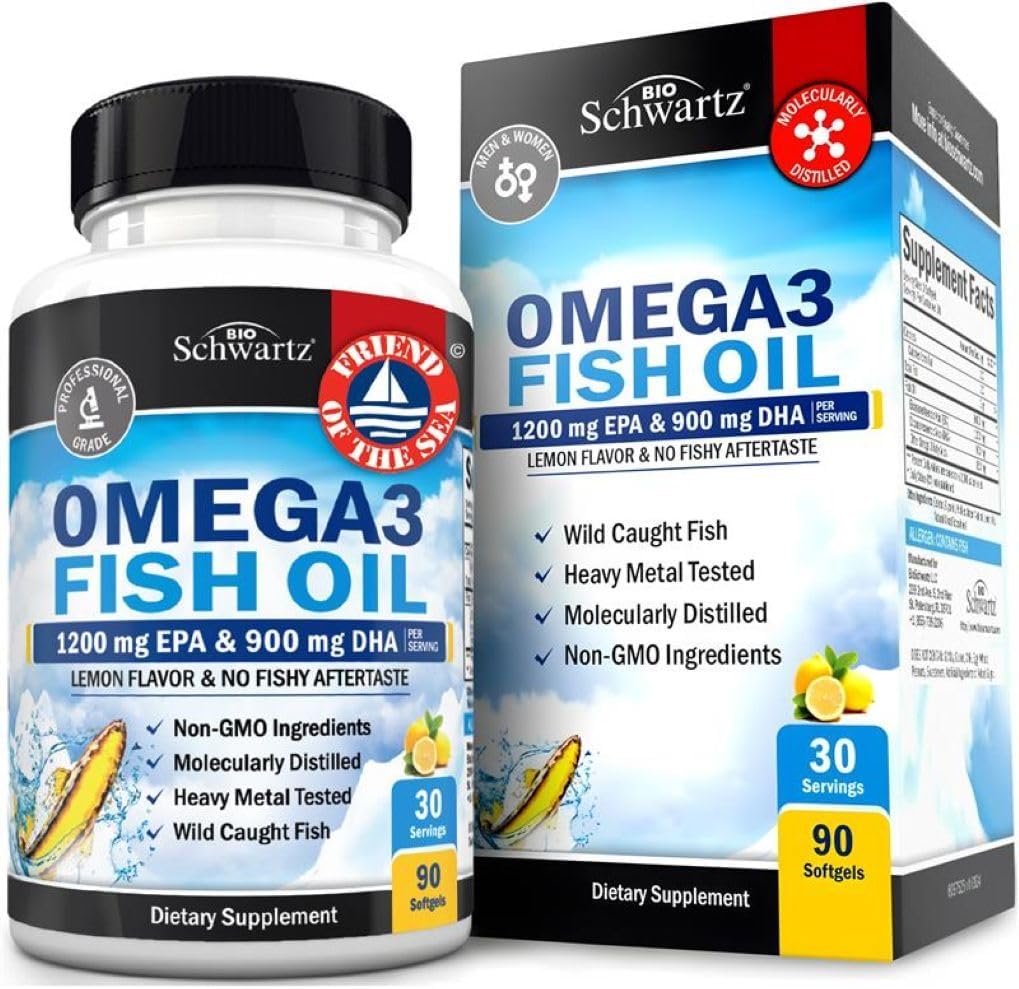 Triple Strength Omega 3 Fish Oil 3000mg – High Potency Omega 3 Supplement for Women and Men, Burpless Lemon Flavor Fish Oil – 2250mg Essential Fatty Acids with DHA & EPA, Wild Caught, 90 Softgels