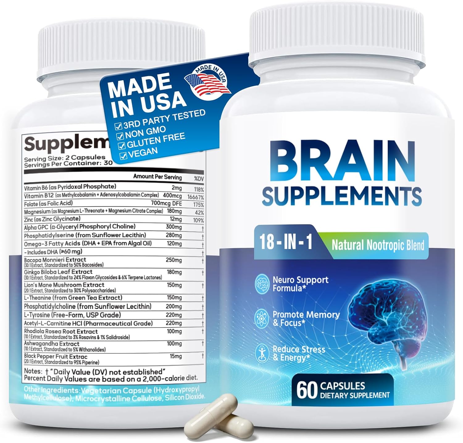 18-in-1 Brain Supplement for Memory and Focus – Nootropic Capsules with Alpha GPC, Bacopa, Ginkgo Biloba, Lion’s Mane, Vitamin B6 & B12 | Cognitive Health, Mental Clarity | Vegan, Non-GMO