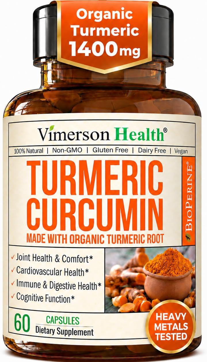 Turmeric Curcumin Supplement – 1400mg Organic Turmeric Curcumin with Black Pepper Extract for Max Absorption – Digestive & Joint Supplements for Men & Women w. Tumeric Extract & Bioperine – 60 Caps