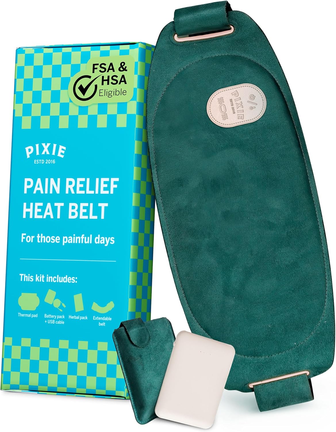 Pixie Period Heating Pad for Cramps – Wearable Cordless Graphene Heat Belt – 3 Heat Settings – Vibration Massage – Discreet – Adjustable Fit – Rechargeable – FSA Eligible and HSA Eligible – Green