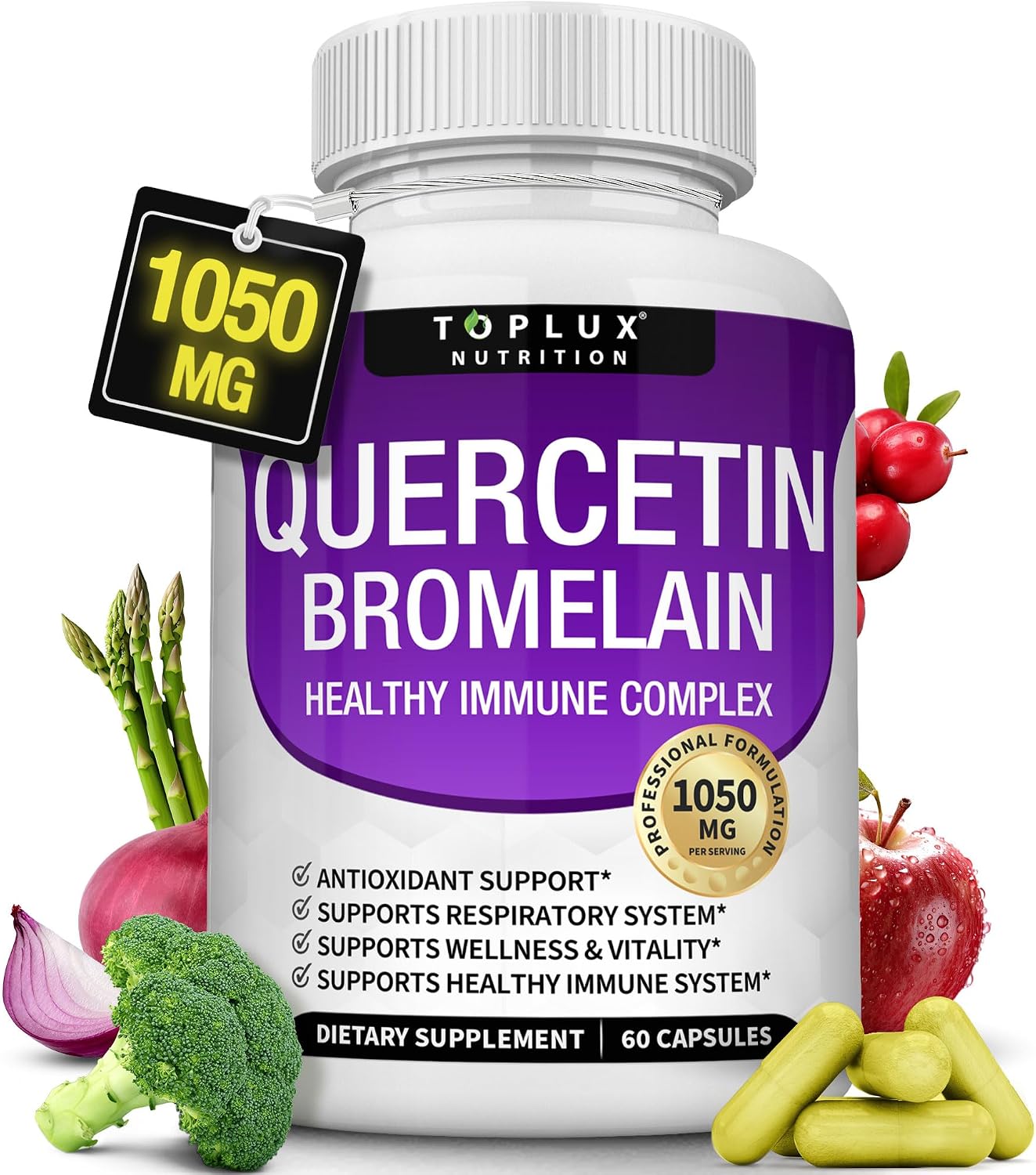 Toplux Quercetin with Bromelain and Zinc 1050mg – Advanced Immune Support Supplement, Supports Antioxidant, Immune System, for Men Women, 60 Capsules
