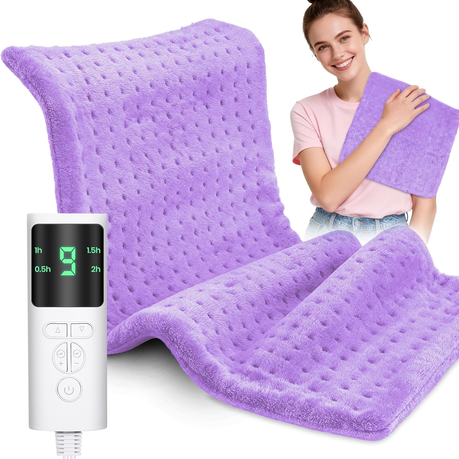 Heating Pad for Back Pain, Electric Heat Pad with 9 Heat Levels & 4 Auto-Off Timers, Portable Heating Pad for Period Cramps, Shoulder, Neck, Machine Washable, Gifts for Women, Men, Purple, 24”×12”