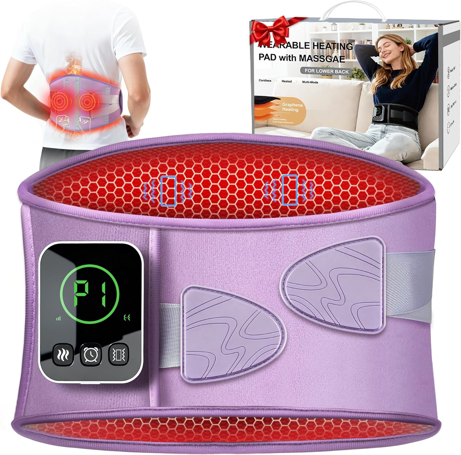 Graphene-Infused Cordless Heating Pad with Massager for Back, 5000mAh Rechargeable Portable Lower Back Massager with 3 Heat 3 Vibration with 20/30/40 mins Timer Options, Gifts for Women Men Mom Dad