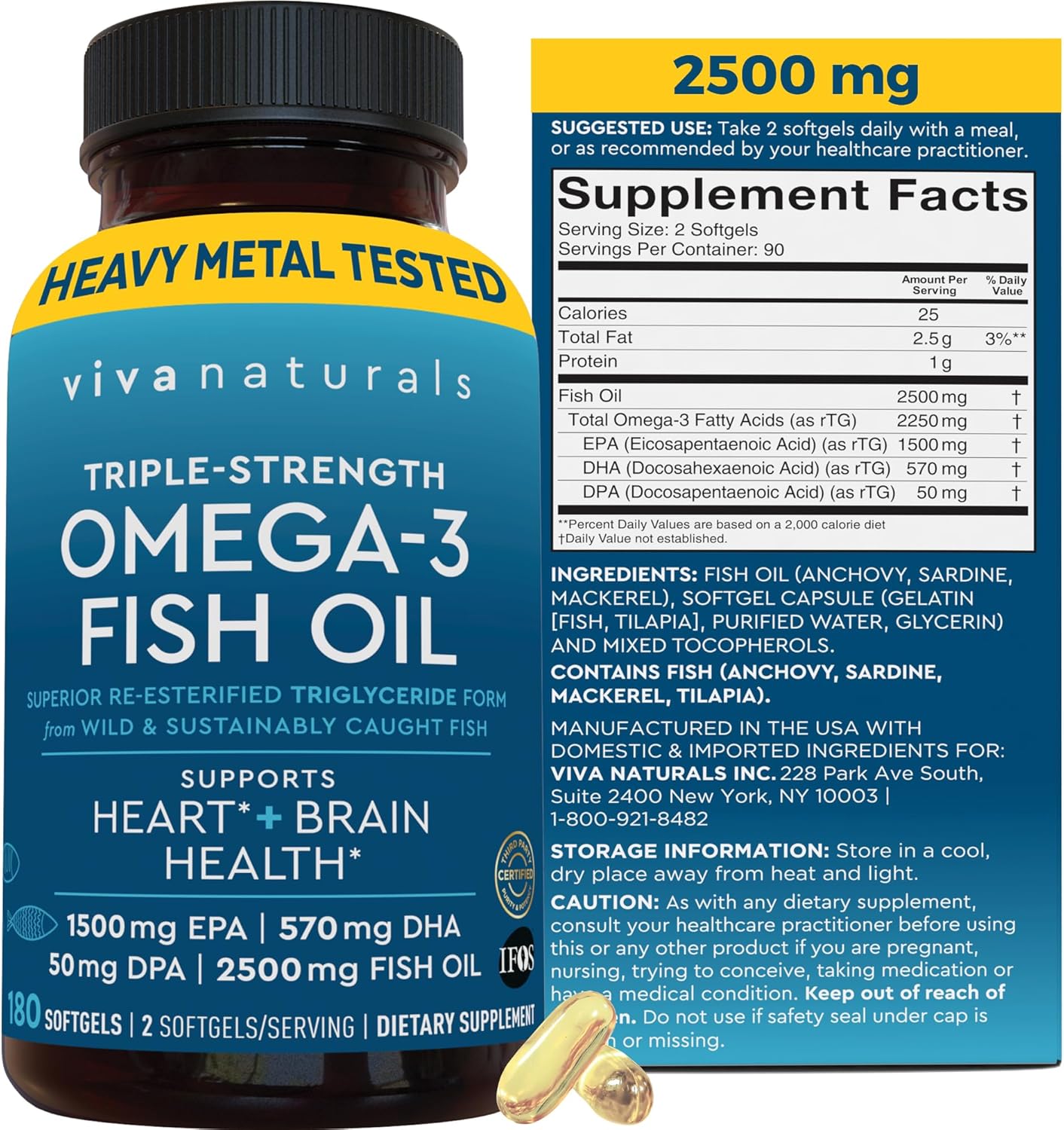 Triple Strength Omega 3 Fish Oil Supplement for Men and Women – 2500 mg High-Potency, Easy-to-Absorb Re-esterified Triglyceride Form, Pescatarian-Friendly DPA EPA DHA Omega 3 Supplement, 180 Softgels