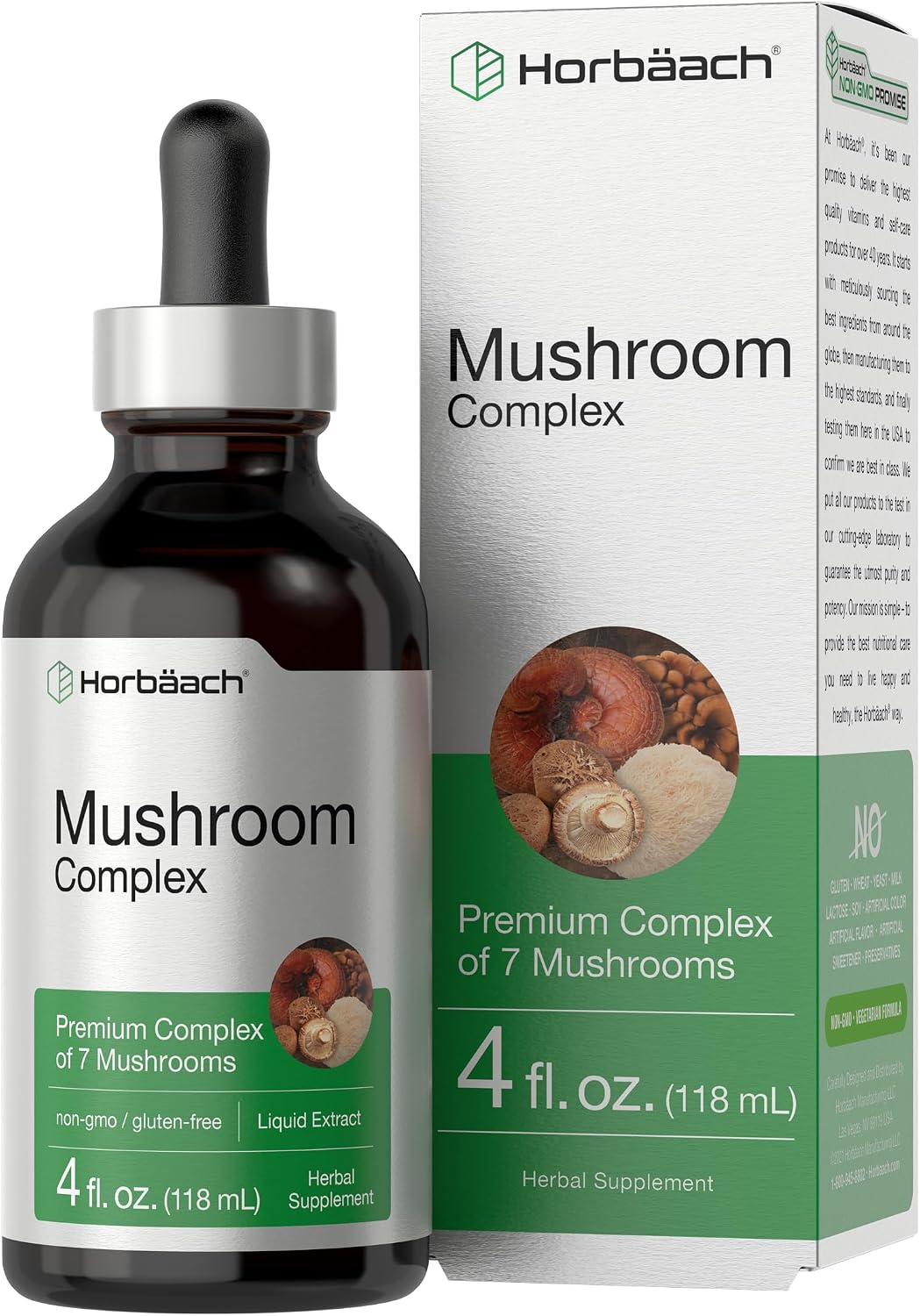 Horbäach Mushroom Complex | 4 Fl Oz Herbal Liquid Drops | Lion’s Mane, Reishi, Shiitake, Chaga, Cordyceps, Maitake, and Oyster Mushroom Supplement Blend | Vegetarian | Non-GMO, Gluten Free Formula