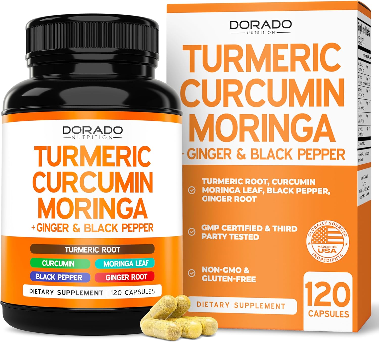 Turmeric Curcumin Supplement with Black Pepper, Ginger, Moringa (Made with 95% Curcuminoids) Third Party Tested, Non-GMO, Gluten Free – USA Made – (120 Capsules)