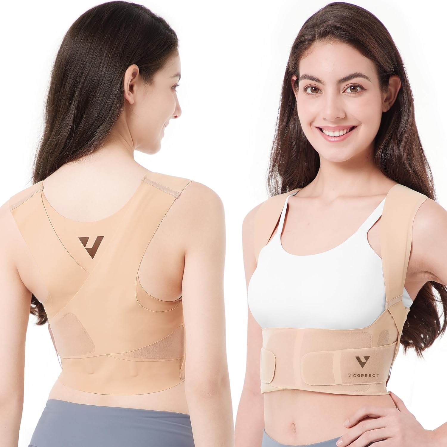Vicorrect Adjustable Posture Corrector for Women: Invisible Under Clothes – Comfortable Back Support Bra for Upper Back Neck Shoulder Pain Relief – Ideal for Sitting Exercise Daily Wear (Beige, Medium)